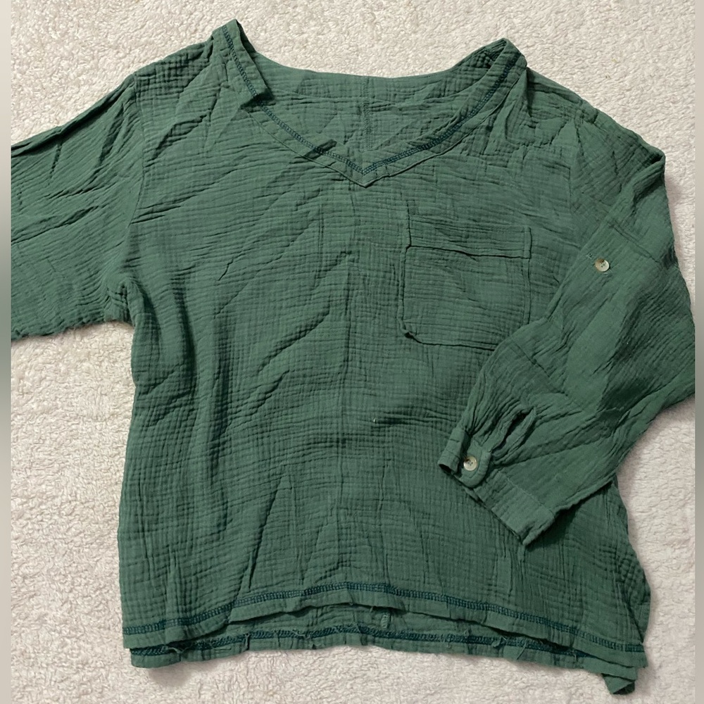 Green Women's Top Textured Blouse Peasant 3/4 Sleeve